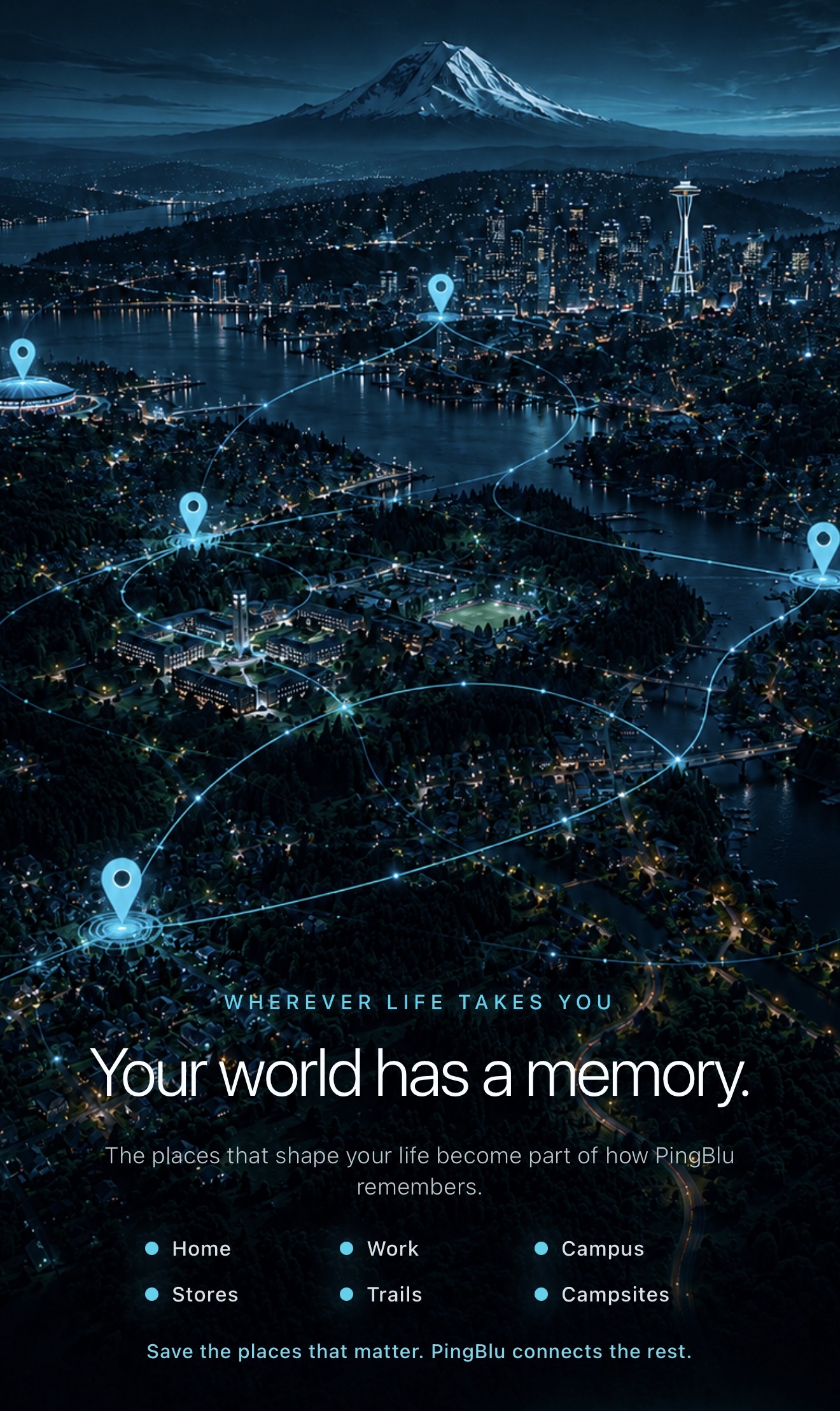 A connected cityscape representing custom saved places in PingBlu