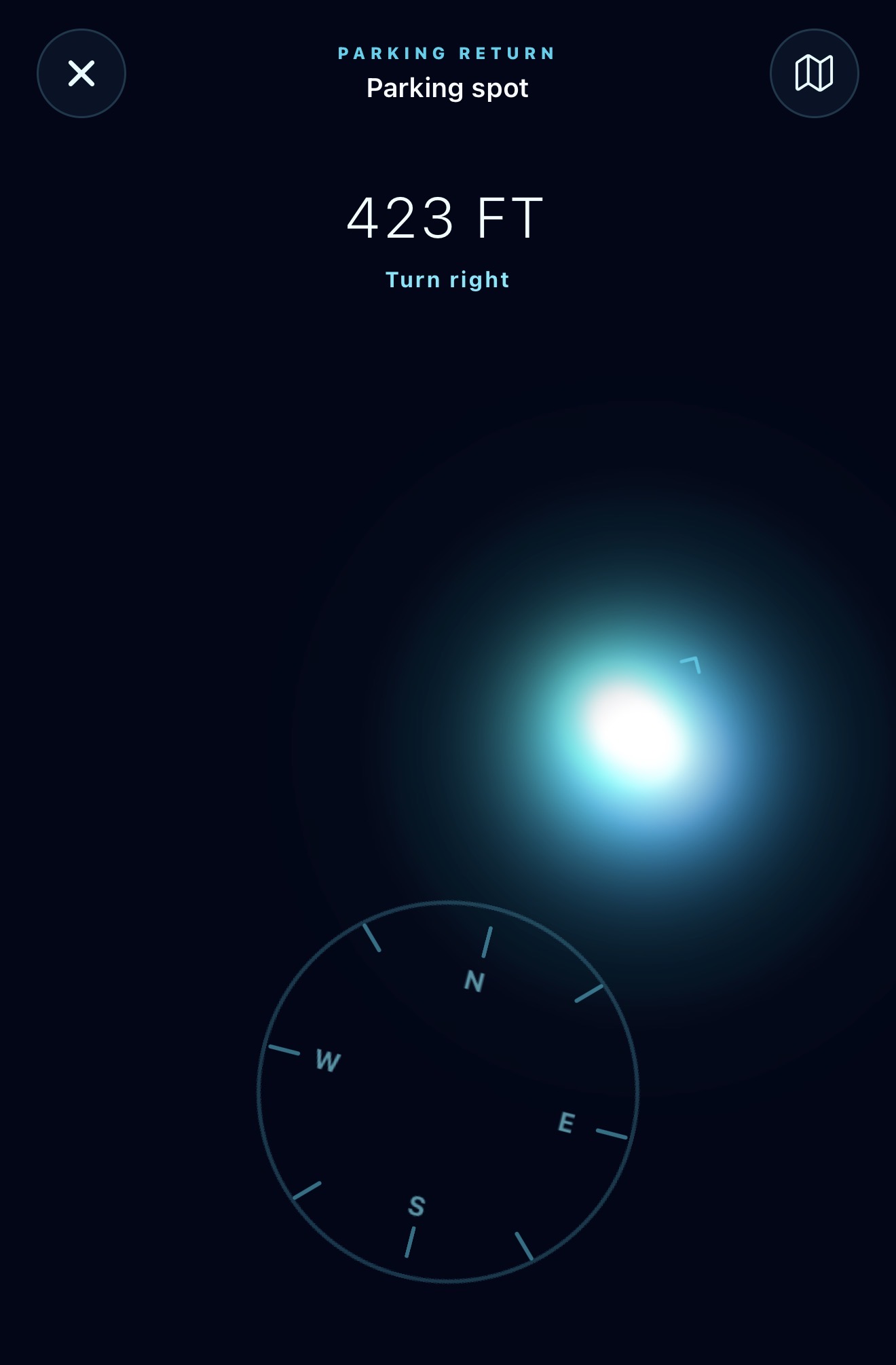 PingBlu Orb Guide showing the direction and distance back to a saved parking spot